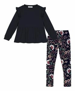 Cheap 💯 Trend Blossoms Dark Navy Ruffle-Accent Long-Sleeve Top & Floral Leggings - 👧 Girls 🛒