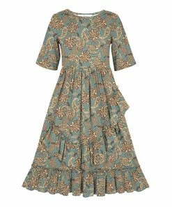 Discount 🔔 Trend Blossoms Dusty Turquoise Floral Paisley Ruffle-Accent A-Line 👗 Dress - 👧 Girls 😀
