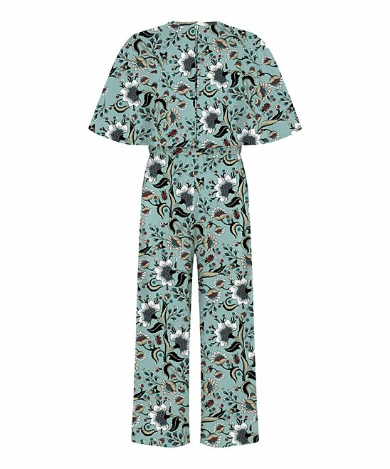 Best Pirce โค๏ธ Trend Blossoms Dusty Turquoise Floral Bell-Sleeve Belted Surplice Jumpsuit - ๐ง Girls โค๏ธ 4 Best Pirce โค๏ธ Trend Blossoms Dusty Turquoise Floral Bell-Sleeve Belted Surplice Jumpsuit - ๐ง Girls โค๏ธ - Image 2