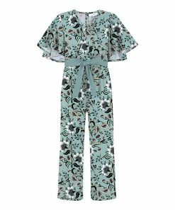 Best Pirce ❤️ Trend Blossoms Dusty Turquoise Floral Bell-Sleeve Belted Surplice Jumpsuit - 👧 Girls ❤️