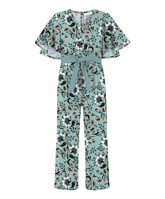 Best Pirce โค๏ธ Trend Blossoms Dusty Turquoise Floral Bell-Sleeve Belted Surplice Jumpsuit - ๐ง Girls โค๏ธ 3 Best Pirce โค๏ธ Trend Blossoms Dusty Turquoise Floral Bell-Sleeve Belted Surplice Jumpsuit - ๐ง Girls โค๏ธ