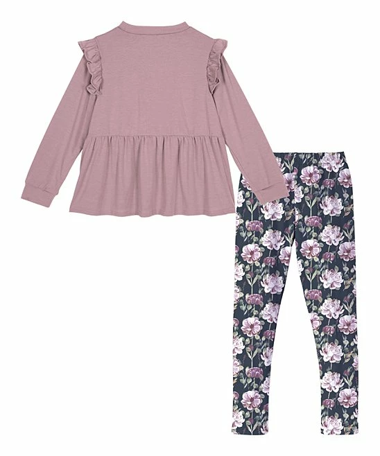 Top 10 🥰 Trend Blossoms Dusty Pink Ruffle-Accent Long-Sleeve Top & Navy Floral Leggings - 👧 Girls 😉 4 Top 10 🥰 Trend Blossoms Dusty Pink Ruffle-Accent Long-Sleeve Top & Navy Floral Leggings - 👧 Girls 😉 - Image 2