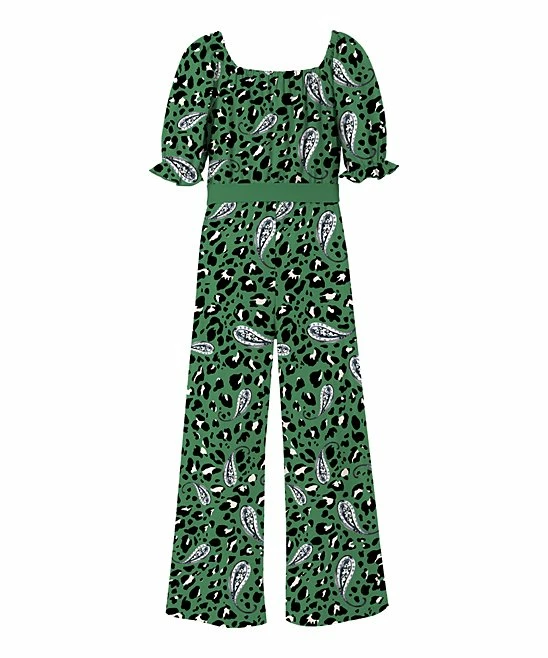 Best deal 😉 Trend Blossoms Green & Black Leopard & Paisley Puff-Sleeve Bow-Belt Jumpsuit - 👧 Girls ✔️ 4 Best deal 😉 Trend Blossoms Green & Black Leopard & Paisley Puff-Sleeve Bow-Belt Jumpsuit - 👧 Girls ✔️ - Image 2