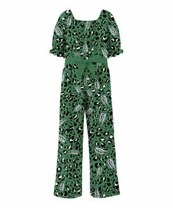 Best deal 😉 Trend Blossoms Green & Black Leopard & Paisley Puff-Sleeve Bow-Belt Jumpsuit - 👧 Girls ✔️