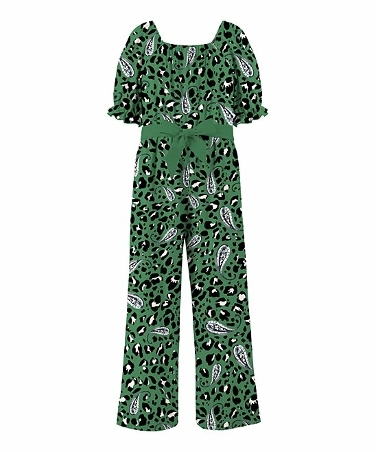 Best deal 😉 Trend Blossoms Green & Black Leopard & Paisley Puff-Sleeve Bow-Belt Jumpsuit - 👧 Girls ✔️ 3 Best deal 😉 Trend Blossoms Green & Black Leopard & Paisley Puff-Sleeve Bow-Belt Jumpsuit - 👧 Girls ✔️