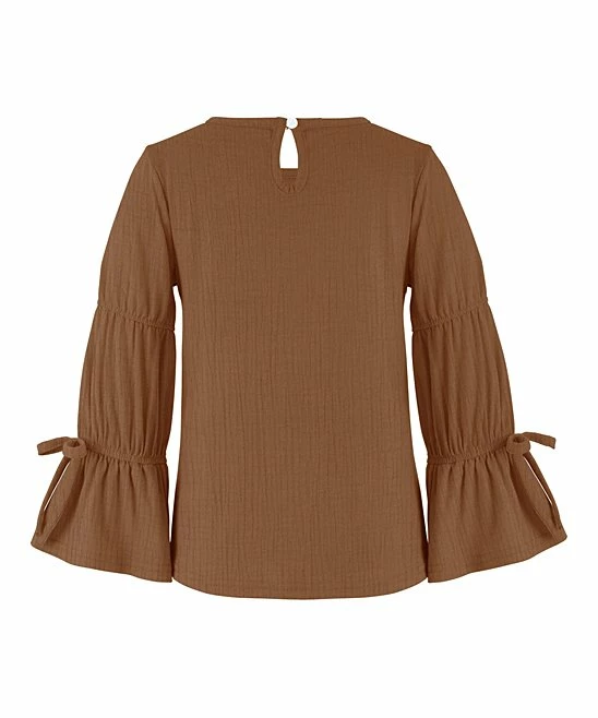 Cheapest ๐ Trend Blossoms Brown Crinkle Poet-Sleeve Crewneck Top - ๐ง Girls โจ 4 Cheapest ๐ Trend Blossoms Brown Crinkle Poet-Sleeve Crewneck Top - ๐ง Girls โจ - Image 2