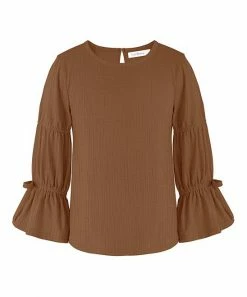 Cheapest 🎉 Trend Blossoms Brown Crinkle Poet-Sleeve Crewneck Top - 👧 Girls ✨