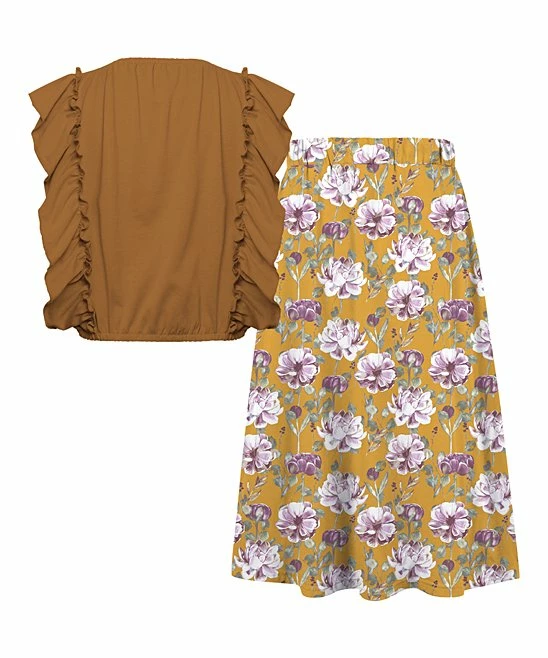 Cheapest โค๏ธ Trend Blossoms Light Brown Angel-Sleeve Top & Mustard Floral Bow-Accent Maxi ๐ Skirt - ๐ง Girls ๐ 4 Cheapest โค๏ธ Trend Blossoms Light Brown Angel-Sleeve Top & Mustard Floral Bow-Accent Maxi ๐ Skirt - ๐ง Girls ๐ - Image 2