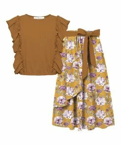 Cheapest ❤️ Trend Blossoms Light Brown Angel-Sleeve Top & Mustard Floral Bow-Accent Maxi 👗 Skirt - 👧 Girls 👍