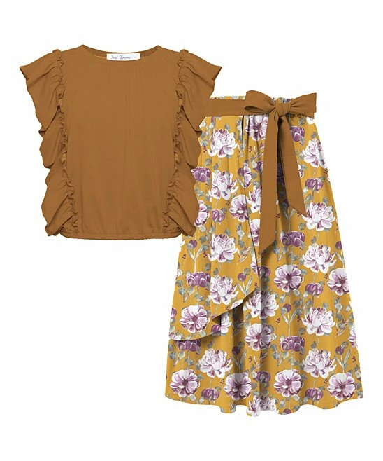 Cheapest โค๏ธ Trend Blossoms Light Brown Angel-Sleeve Top & Mustard Floral Bow-Accent Maxi ๐ Skirt - ๐ง Girls ๐ 3 Cheapest โค๏ธ Trend Blossoms Light Brown Angel-Sleeve Top & Mustard Floral Bow-Accent Maxi ๐ Skirt - ๐ง Girls ๐