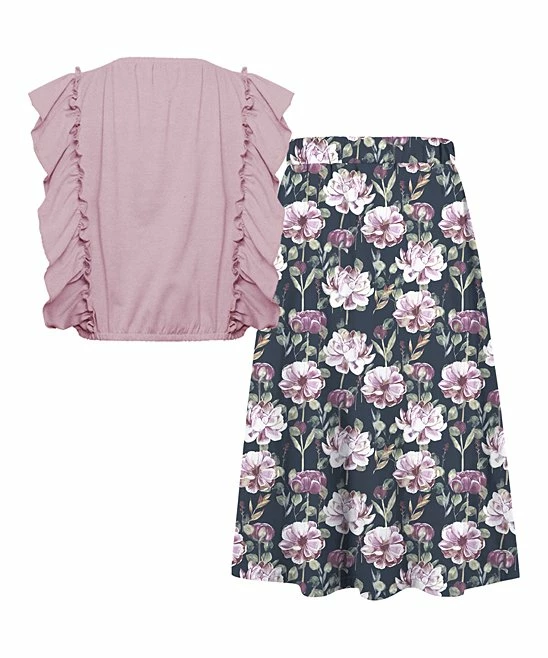 Coupon 👍 Trend Blossoms Dusty Pink Angel-Sleeve Top & Navy Floral Bow-Accent Maxi 👗 Skirt - 👧 Girls 😍 4 Coupon 👍 Trend Blossoms Dusty Pink Angel-Sleeve Top & Navy Floral Bow-Accent Maxi 👗 Skirt - 👧 Girls 😍 - Image 2