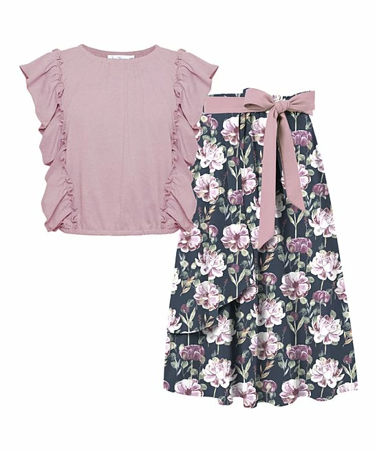 Coupon 👍 Trend Blossoms Dusty Pink Angel-Sleeve Top & Navy Floral Bow-Accent Maxi 👗 Skirt - 👧 Girls 😍 3 Coupon 👍 Trend Blossoms Dusty Pink Angel-Sleeve Top & Navy Floral Bow-Accent Maxi 👗 Skirt - 👧 Girls 😍
