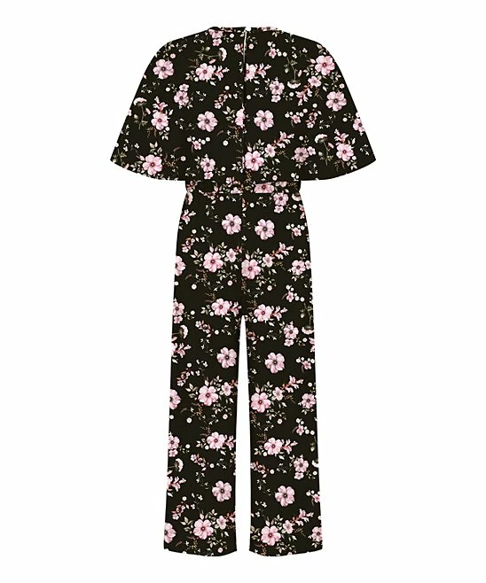 Budget 😍 Trend Blossoms Black & Light Pink Floral Bell-Sleeve Belted Surplice Jumpsuit - 👧 Girls ⌛ 4 Budget 😍 Trend Blossoms Black & Light Pink Floral Bell-Sleeve Belted Surplice Jumpsuit - 👧 Girls ⌛ - Image 2