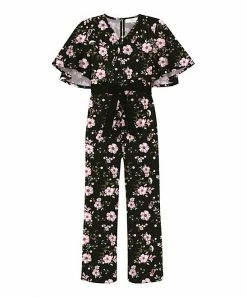 Budget 😍 Trend Blossoms Black & Light Pink Floral Bell-Sleeve Belted Surplice Jumpsuit - 👧 Girls ⌛