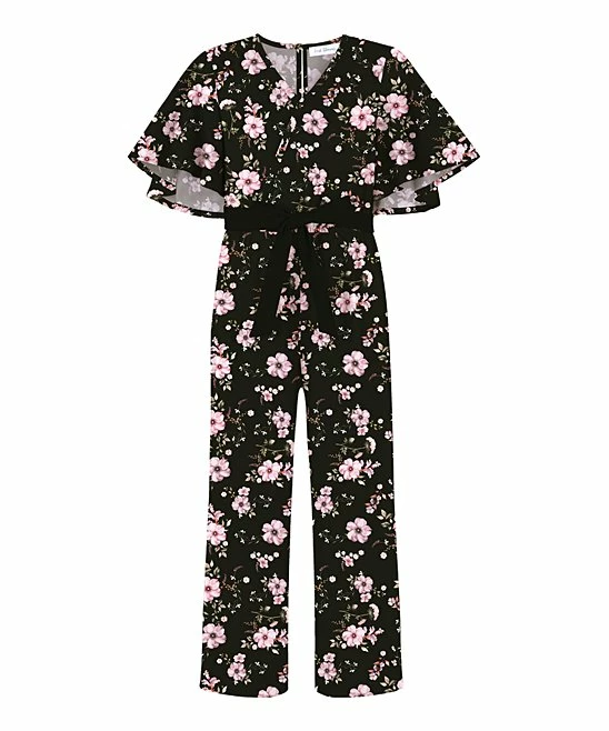 Budget 😍 Trend Blossoms Black & Light Pink Floral Bell-Sleeve Belted Surplice Jumpsuit - 👧 Girls ⌛ 3 Budget 😍 Trend Blossoms Black & Light Pink Floral Bell-Sleeve Belted Surplice Jumpsuit - 👧 Girls ⌛