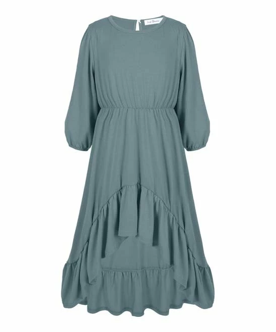 Coupon ๐ Trend Blossoms Dusty Blue Ruffle-Hem Hi-Low ๐ Dress - ๐ง Girls โ 3 Coupon ๐ Trend Blossoms Dusty Blue Ruffle-Hem Hi-Low ๐ Dress - ๐ง Girls โ