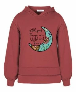 Discount 👏 Trend Blossoms Brick Red 'Wild & Free' Moon Puff-Sleeve Hoodie - 👧 Girls 😉