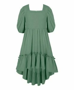 Best Sale 🌟 Trend Blossoms Light Green Crinkle Ruffle-Accent Hi-Low Peasant 👗 Dress - 👧 Girls 😍