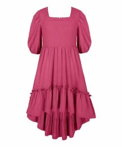 Cheapest ⌛ Trend Blossoms Hot Pink Crinkle Ruffle-Accent Hi-Low Peasant 👗 Dress - 👧 Girls 🔔