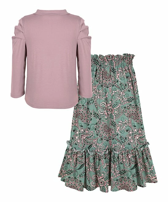 Flash Sale 😍 Trend Blossoms Dusty Pink Puff-Sleeve Top & Dusty Mint Floral Button-Front Maxi 👗 Skirt - 👧 Girls 👏 4 Flash Sale 😍 Trend Blossoms Dusty Pink Puff-Sleeve Top & Dusty Mint Floral Button-Front Maxi 👗 Skirt - 👧 Girls 👏 - Image 2