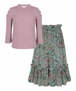 Flash Sale ๐ Trend Blossoms Dusty Pink Puff-Sleeve Top & Dusty Mint Floral Button-Front Maxi ๐ Skirt - ๐ง Girls ๐