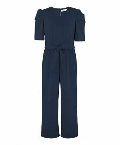Coupon 💯 Trend Blossoms Navy Puff-Sleeve Belted Jumpsuit - 👧 Girls 🔔