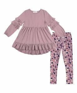 Buy 🌟 Trend Blossoms Dusty Pink Ruffle-Hem Hi-Low Tunic & Floral Leggings - 👧 Girls ⌛
