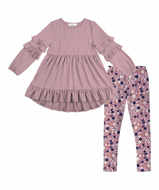 Buy 🌟 Trend Blossoms Dusty Pink Ruffle-Hem Hi-Low Tunic & Floral Leggings - 👧 Girls ⌛ 3 Buy 🌟 Trend Blossoms Dusty Pink Ruffle-Hem Hi-Low Tunic & Floral Leggings - 👧 Girls ⌛