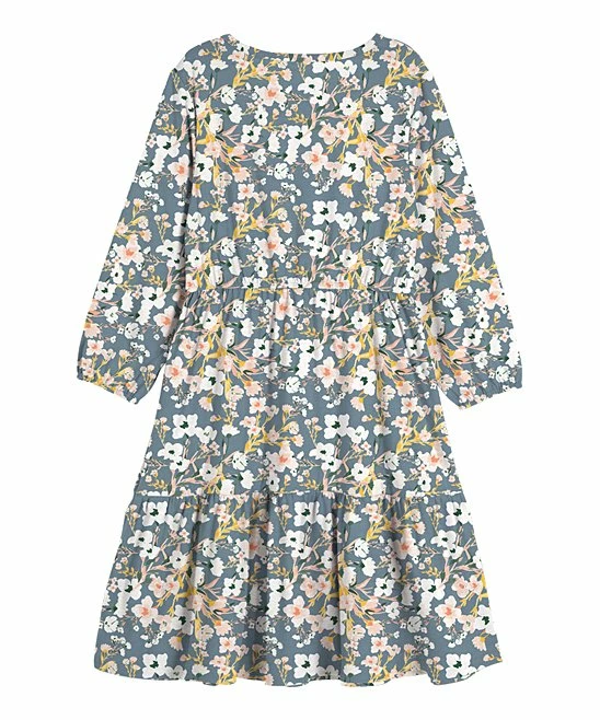 Best Pirce 👍 Trend Blossoms Dusty Blue & Mustard Floral Bow-Accent Ruffle-Hem A-Line 👗 Dress - 👧 Girls 🎉 5 Best Pirce 👍 Trend Blossoms Dusty Blue & Mustard Floral Bow-Accent Ruffle-Hem A-Line 👗 Dress - 👧 Girls 🎉 - Image 3