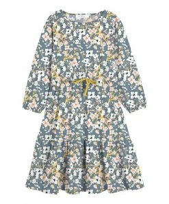 Best Pirce 👍 Trend Blossoms Dusty Blue & Mustard Floral Bow-Accent Ruffle-Hem A-Line 👗 Dress - 👧 Girls 🎉