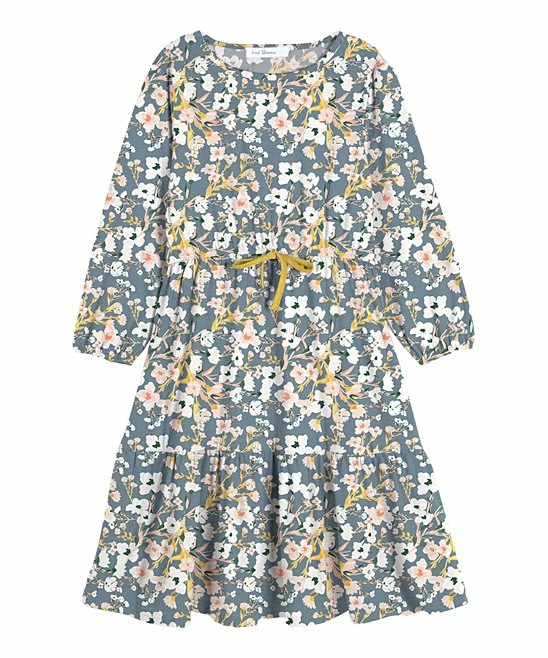 Best Pirce 👍 Trend Blossoms Dusty Blue & Mustard Floral Bow-Accent Ruffle-Hem A-Line 👗 Dress - 👧 Girls 🎉 3 Best Pirce 👍 Trend Blossoms Dusty Blue & Mustard Floral Bow-Accent Ruffle-Hem A-Line 👗 Dress - 👧 Girls 🎉