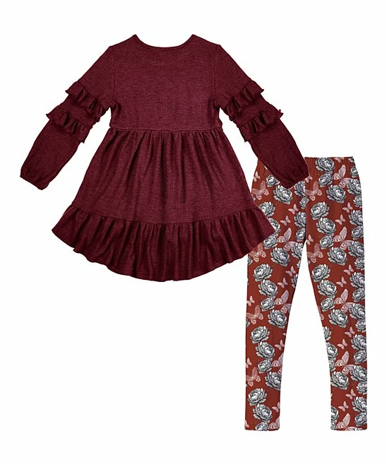 Best deal 🎉 Trend Blossoms Maroon Ruffle Hi-Low Tunic & Floral Butterfly Leggings - 👧 Girls ✔️ 4 Best deal 🎉 Trend Blossoms Maroon Ruffle Hi-Low Tunic & Floral Butterfly Leggings - 👧 Girls ✔️ - Image 2