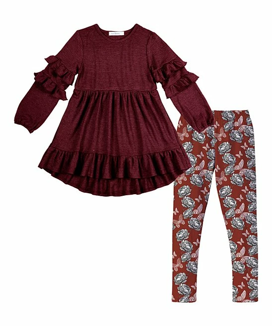 Best deal 🎉 Trend Blossoms Maroon Ruffle Hi-Low Tunic & Floral Butterfly Leggings - 👧 Girls ✔️ 3 Best deal 🎉 Trend Blossoms Maroon Ruffle Hi-Low Tunic & Floral Butterfly Leggings - 👧 Girls ✔️