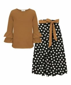 Cheapest ✔️ Trend Blossoms Light Brown Ruffle-Accent Long-Sleeve Top & Black Dot Maxi 👗 Skirt - 👧 Girls 😀