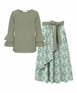 Promo 😉 Trend Blossoms Sage Green Stripe Long-Sleeve Top & Dusty Mint Ikat Maxi 👗 Skirt - 👧 Girls ⌛