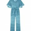 Wholesale ✔️ Trend Blossoms Light Blue Velvet Belted Flutter Sleeve Jumpsuit - 👧 Girls 🌟