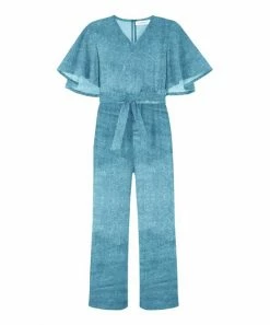 Wholesale ✔️ Trend Blossoms Light Blue Velvet Belted Flutter Sleeve Jumpsuit - 👧 Girls 🌟