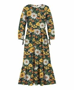 Best Sale ⌛ Trend Blossoms Navy & Mustard Floral Tie-Accent Puff-Sleeve Maxi 👗 Dress - 👧 Girls 😉