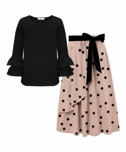 Outlet 🔥 Trend Blossoms Black Ruffle-Accent Long-Sleeve Top & Pink Polka Dot Maxi 👗 Skirt - 👧 Girls ⭐