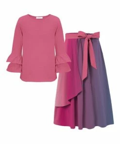 Promo 🌟 Trend Blossoms Hot Pink Long-Sleeve Top & Dusty Lavender Ombré Maxi 👗 Skirt - 👧 Girls 😍
