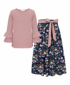 Brand new โญ Trend Blossoms Dusty Pink Ruffle-Accent Long-Sleeve Top & Navy Floral Maxi ๐ Skirt - ๐ง Girls ๐ฅฐ