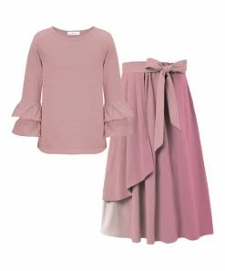 Top 10 ⭐ Trend Blossoms Dusty Pink Ruffle Long-Sleeve Top & Ombré Bow-Accent Maxi 👗 Skirt - 👧 Girls 😉