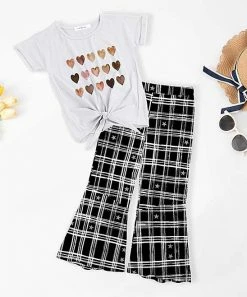 Coupon ✔️ Trend Blossoms White Heart Knot-Front Top & Black Plaid Star Flare Pants - 👧 Girls ❤️