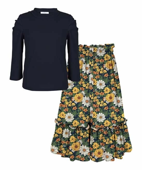 New โญ Trend Blossoms Dark Navy Puff-Sleeve Top & Mustard Floral Button Maxi ๐ Skirt - ๐ง Girls ๐ 3 New โญ Trend Blossoms Dark Navy Puff-Sleeve Top & Mustard Floral Button Maxi ๐ Skirt - ๐ง Girls ๐