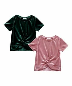 Best Sale 🎉 Trend Blossoms Green & Pink Velvet Knot-Front Tee Set - 👧 Girls 🧨