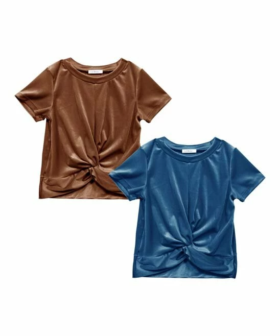 Cheapest 😍 Trend Blossoms Cinnamon & Diamond Blue Velvet Knot-Front Tee Set - 👧 Girls ❤️ 3 Cheapest 😍 Trend Blossoms Cinnamon & Diamond Blue Velvet Knot-Front Tee Set - 👧 Girls ❤️