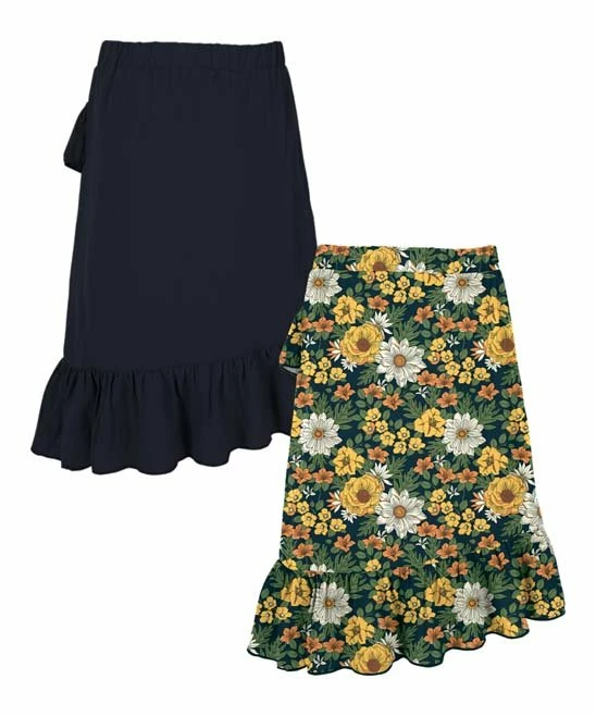 Flash Sale 🎉 Trend Blossoms Dark Navy & Mustard Floral Ruffle-Trim Asymmetrical 👗 Skirt Set - 👧 Girls 🎉 4 Flash Sale 🎉 Trend Blossoms Dark Navy & Mustard Floral Ruffle-Trim Asymmetrical 👗 Skirt Set - 👧 Girls 🎉 - Image 2