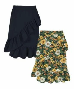Flash Sale 🎉 Trend Blossoms Dark Navy & Mustard Floral Ruffle-Trim Asymmetrical 👗 Skirt Set - 👧 Girls 🎉