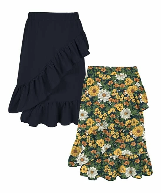 Flash Sale 🎉 Trend Blossoms Dark Navy & Mustard Floral Ruffle-Trim Asymmetrical 👗 Skirt Set - 👧 Girls 🎉 3 Flash Sale 🎉 Trend Blossoms Dark Navy & Mustard Floral Ruffle-Trim Asymmetrical 👗 Skirt Set - 👧 Girls 🎉