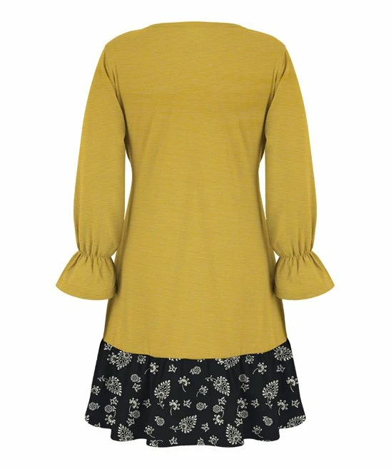 Best Sale 👍 Trend Blossoms Black & Mustard Stripe Paisley Bow-Belt Ruffle-Accent Shift 👗 Dress - 👧 Girls 😀 4 Best Sale 👍 Trend Blossoms Black & Mustard Stripe Paisley Bow-Belt Ruffle-Accent Shift 👗 Dress - 👧 Girls 😀 - Image 2